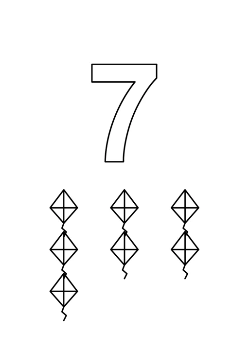 Chiffre 7 à colorier : cerfs-volants : dessin noir et blanc à colorier