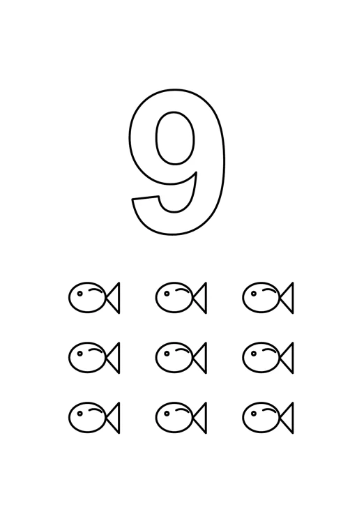 Chiffre 9 à colorier : poissons : dessin noir et blanc à colorier