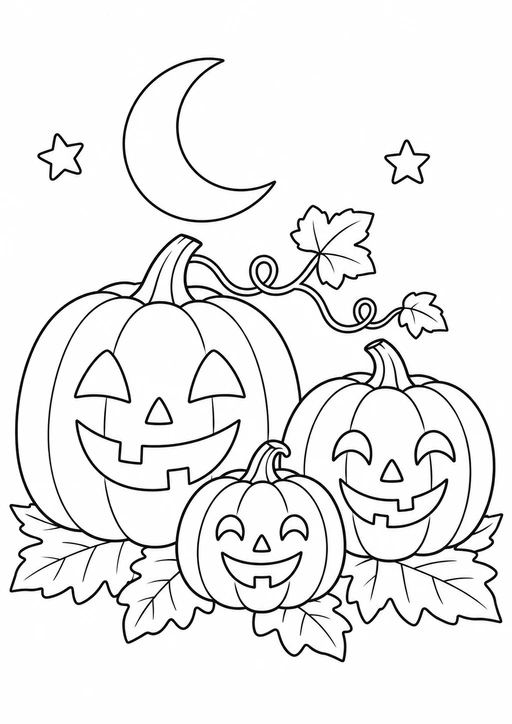 Trois citrouilles souriantes sur des feuilles d’automne avec une lune et des étoiles, coloriage Halloween.