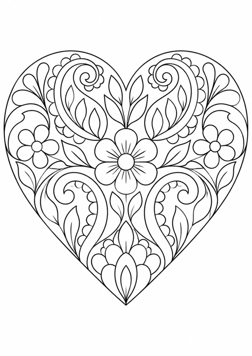 Cœur à motifs décoratifs : dessin au trait noir à colorier