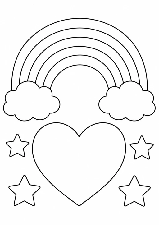 Cœur et arc-en-ciel : dessin au trait noir à colorier