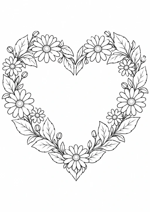 Cœur fleuri : dessin au trait noir à colorier
