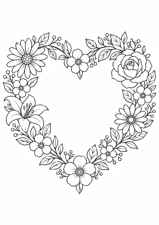 Grand cœur de fleurs : dessin en noir et blanc à colorier