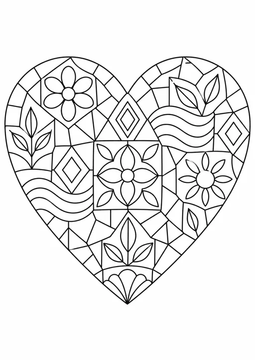 Cœur en mosaïque florale : dessin noir et blanc à colorier