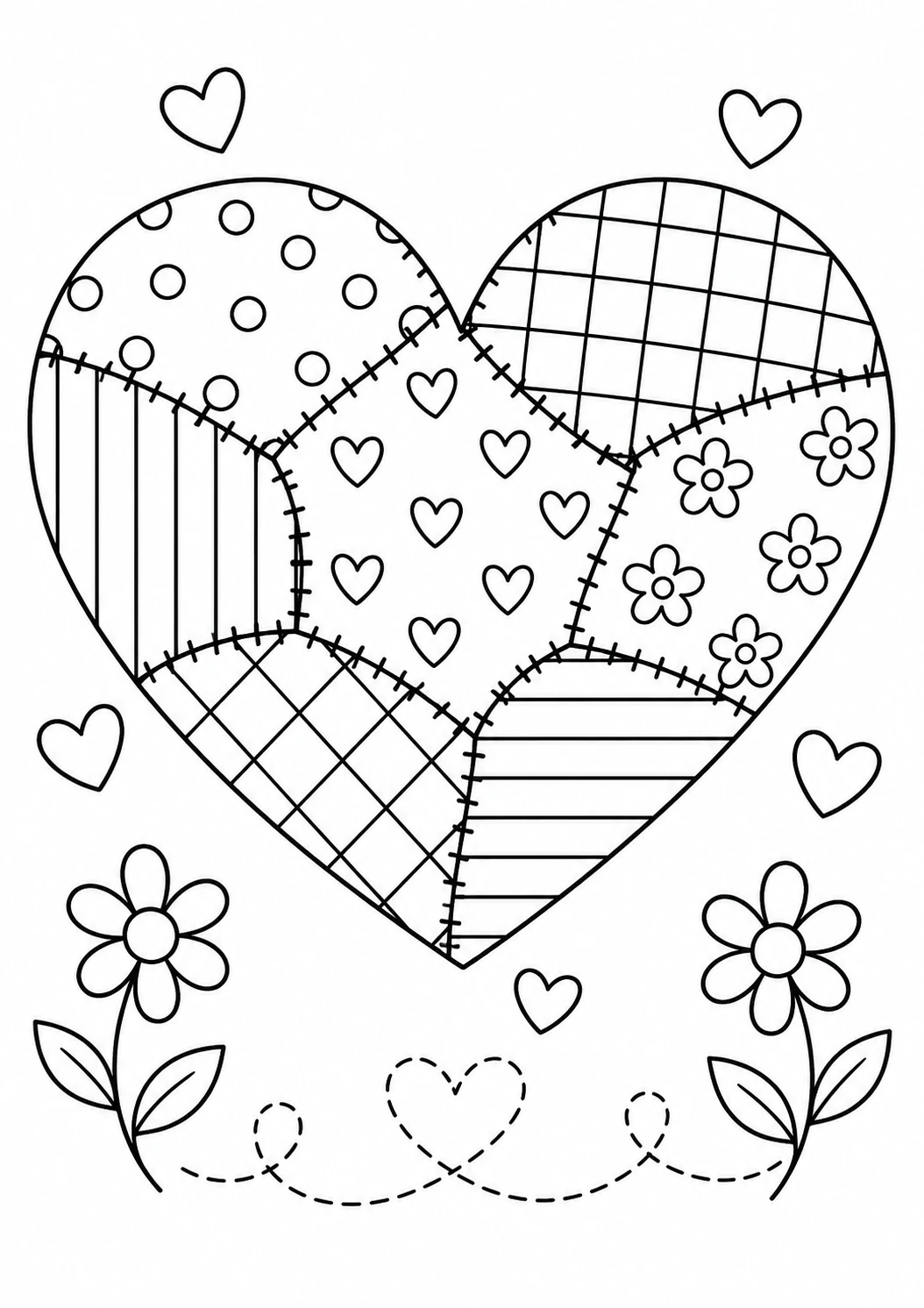 Cœur en patchwork : dessin en noir et blanc à colorier
