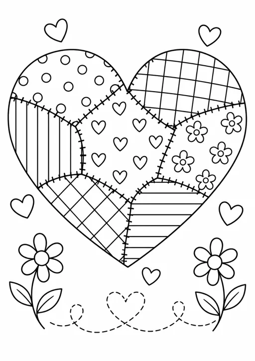 Cœur en patchwork : dessin en noir et blanc à colorier