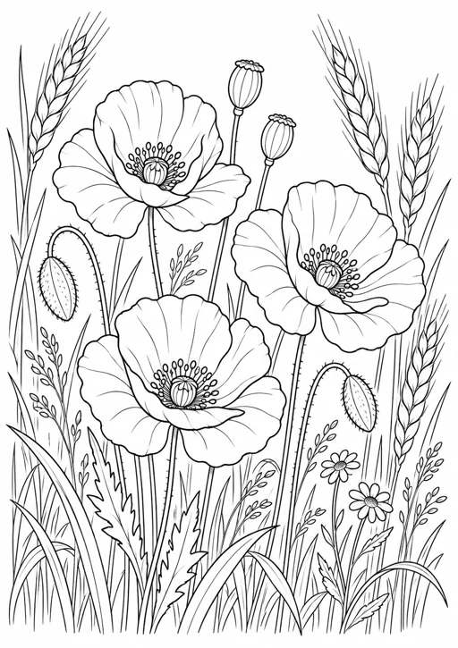 Coquelicots dans la prairie : dessin en noir et blanc à colorier