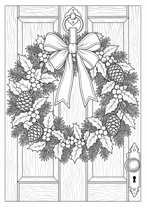 Couronne de Noël au houx : dessin noir et blanc à colorier
