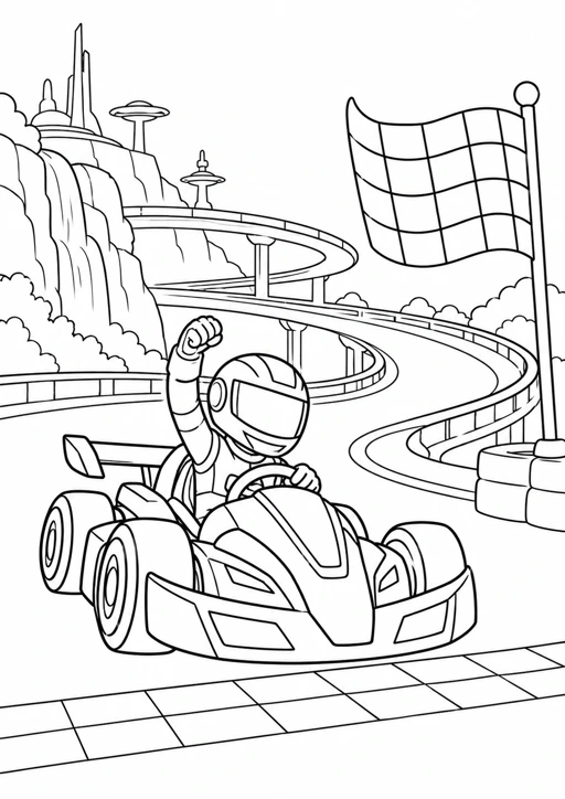 Course arcade en kart : dessin noir et blanc à colorier