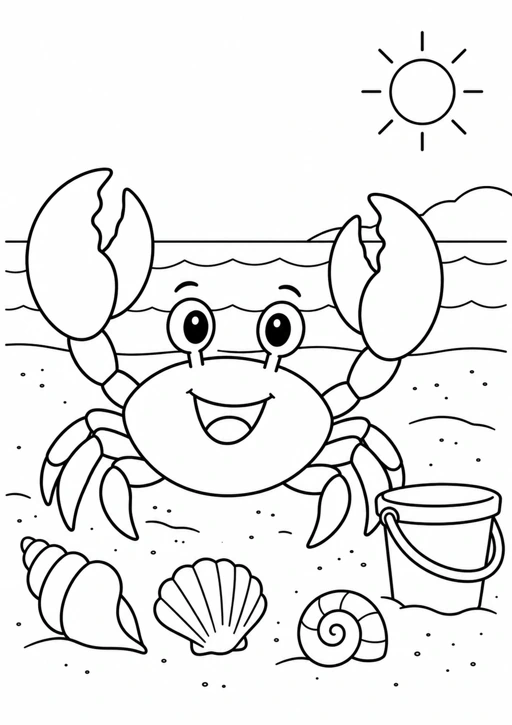Crabe sur la plage : dessin noir et blanc à colorier