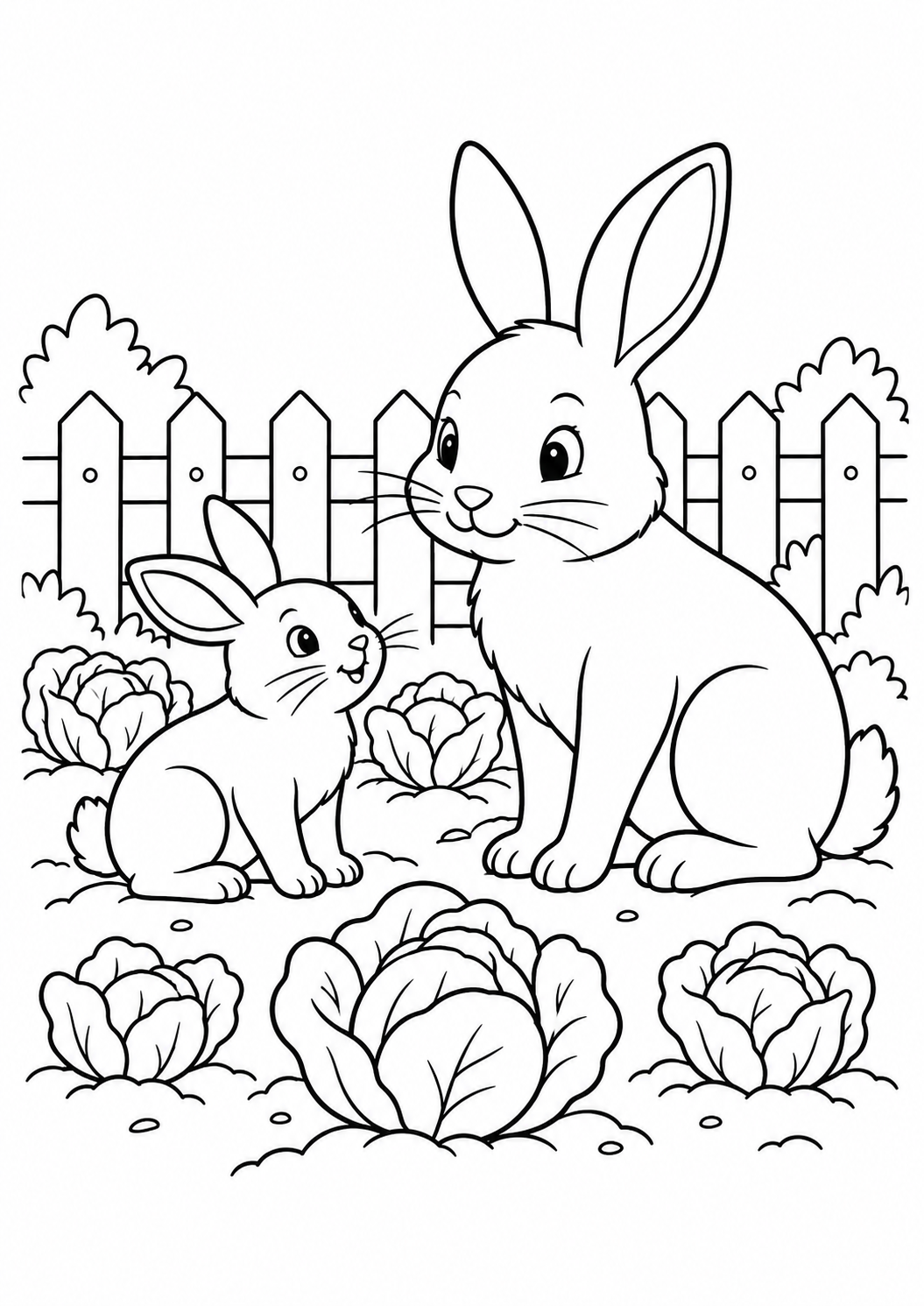 Deux lapins au jardin : dessin noir et blanc à colorier