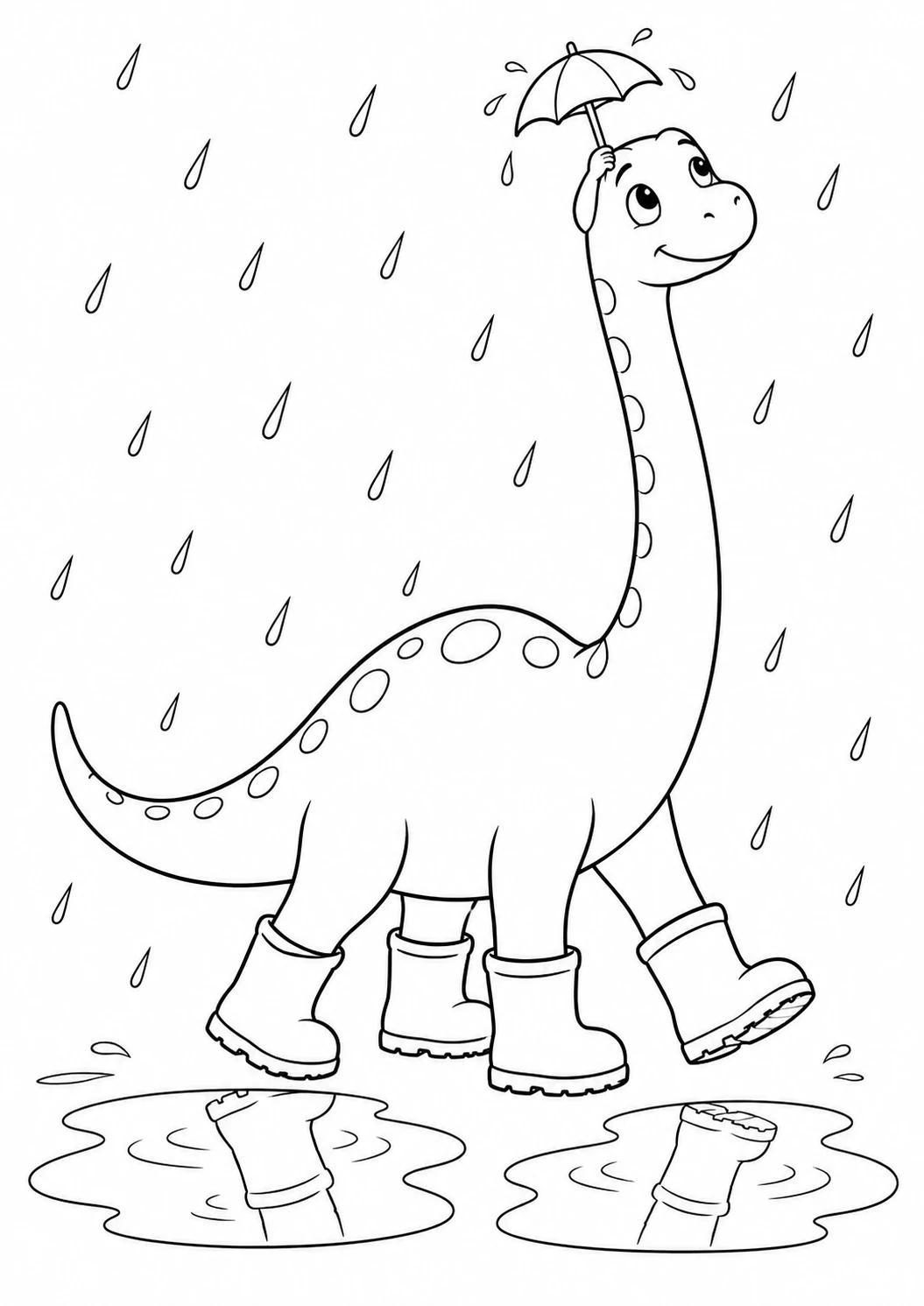 Dinosaure et parapluie trop petit : dessin noir et blanc à colorier