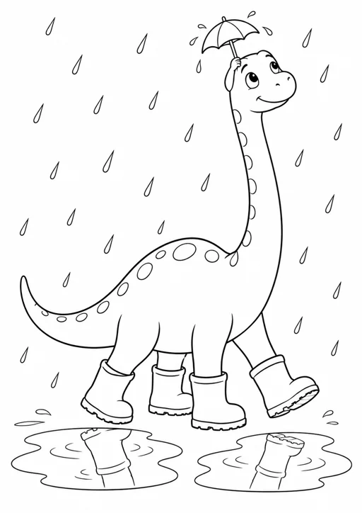 Dinosaure et parapluie trop petit : dessin noir et blanc à colorier