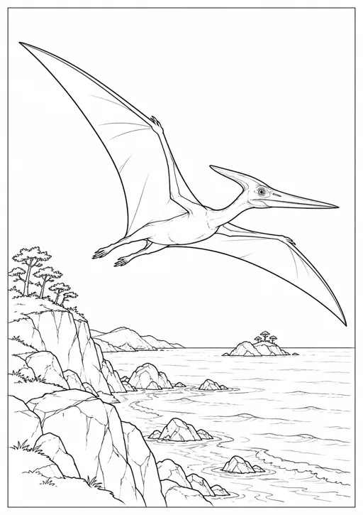 Ptérosaure au-dessus des rochers : dessin noir et blanc à colorier