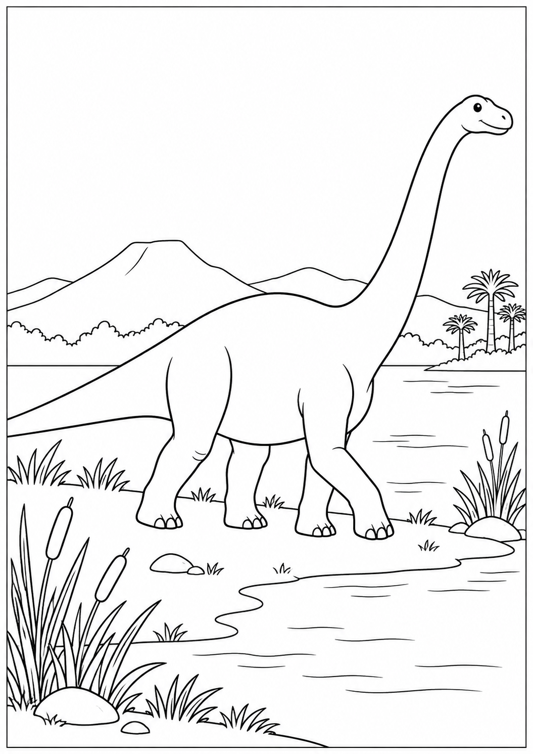 Diplodocus au bord du lac : dessin noir et blanc à colorier