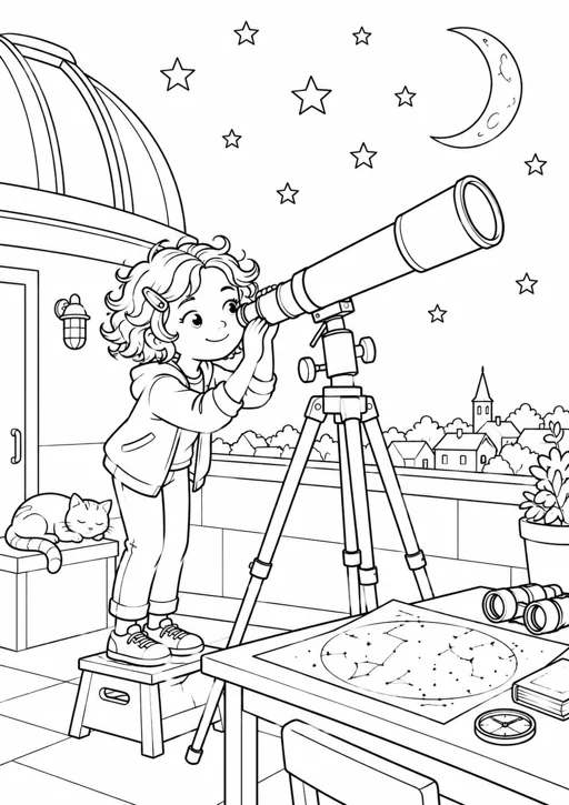 Fille astronome au télescope : dessin noir et blanc à colorier