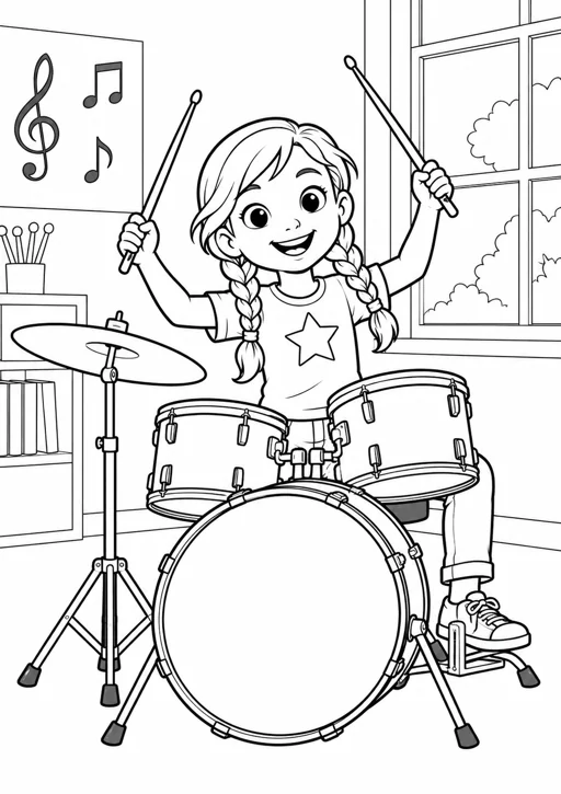Fille à la batterie : dessin noir et blanc à colorier