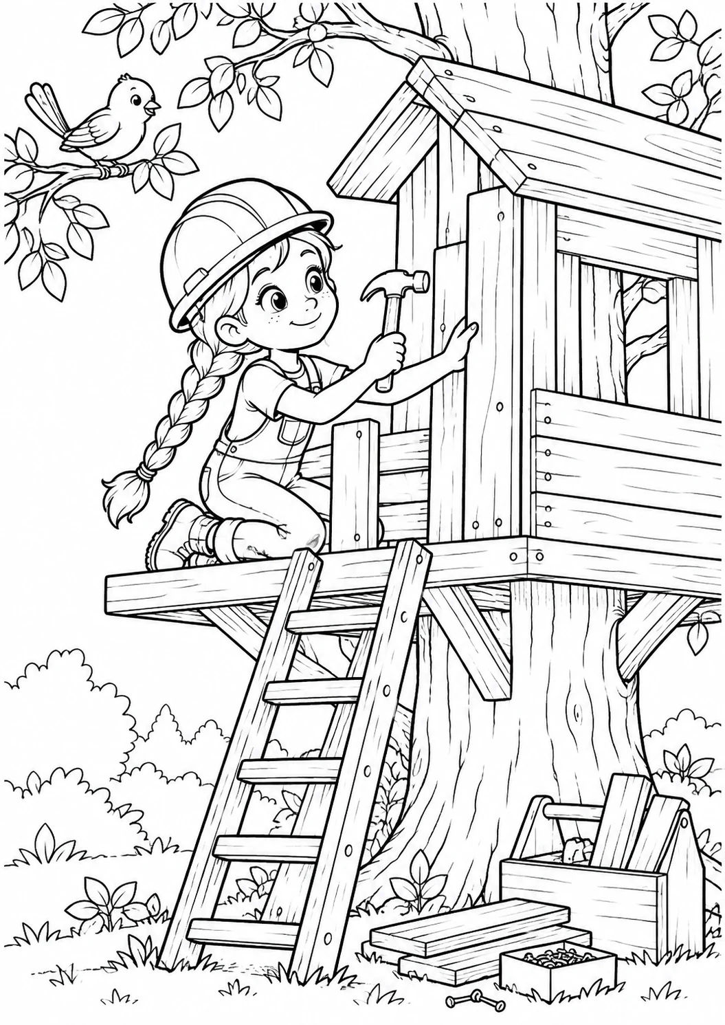 Fille qui construit une cabane : dessin noir et blanc à colorier