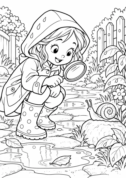 Fille à la loupe et escargot : dessin noir et blanc à colorier
