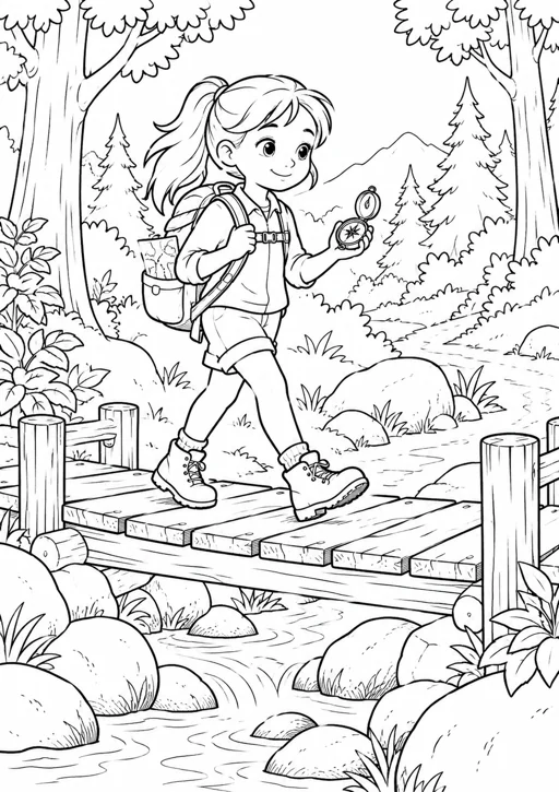 Fille exploratrice sur le pont : dessin noir et blanc à colorier