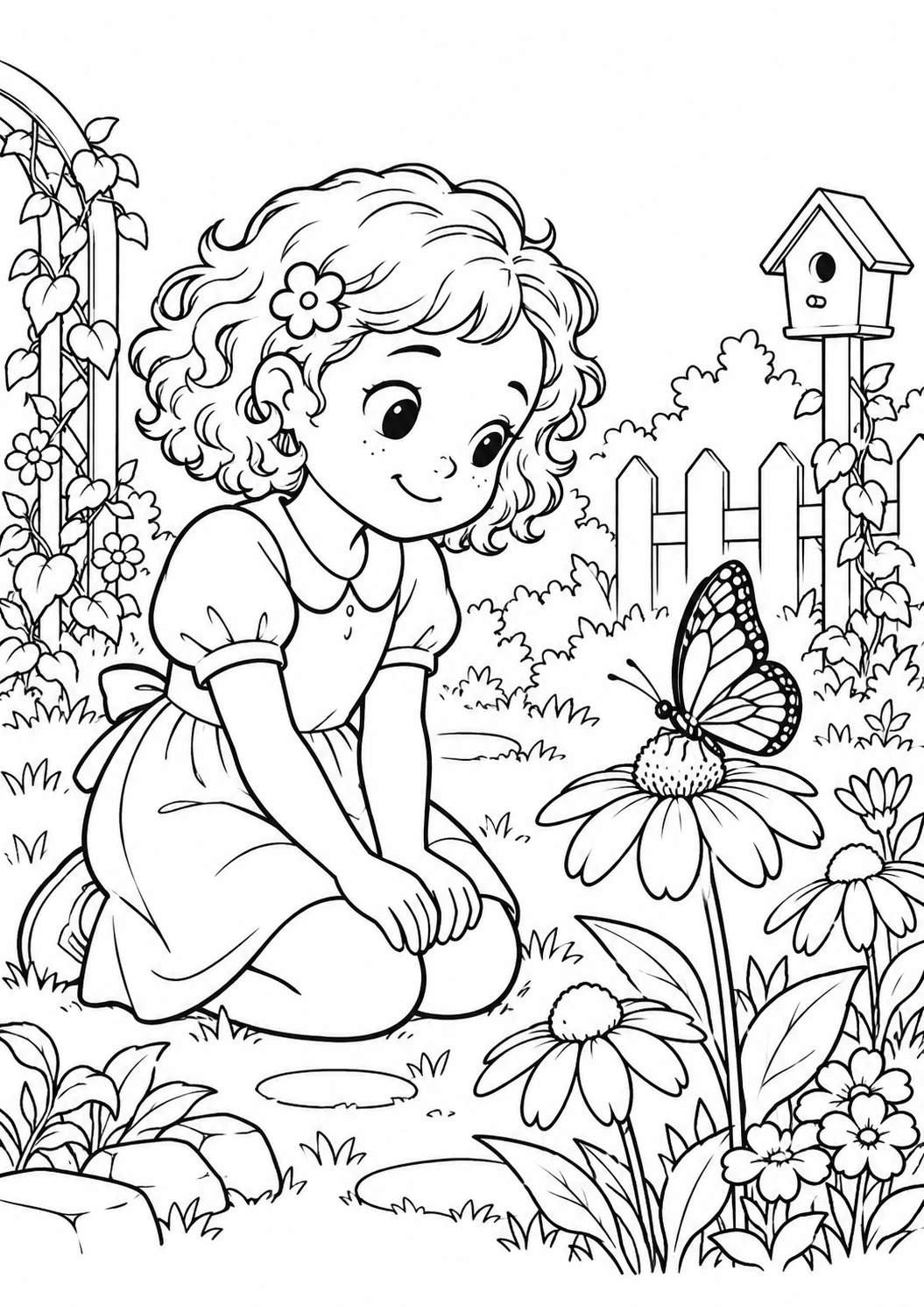 Fille au jardin des papillons : dessin noir et blanc à colorier