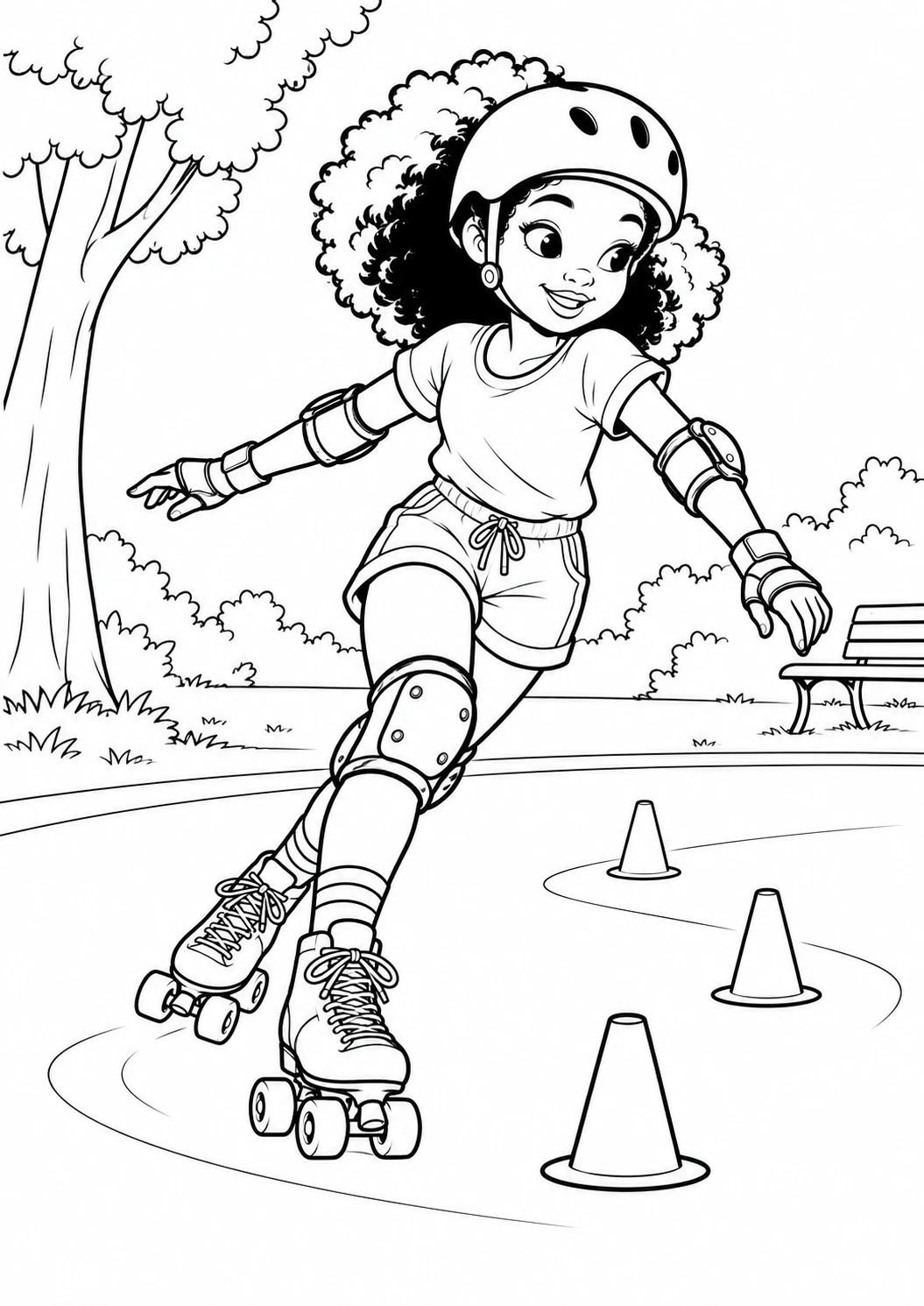Fille en patins au parc : dessin noir et blanc à colorier