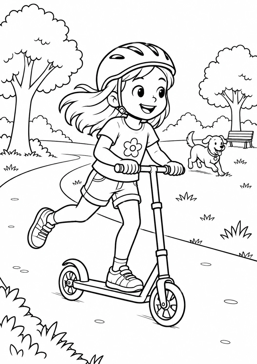 Fille en trottinette au parc : dessin noir et blanc à colorier