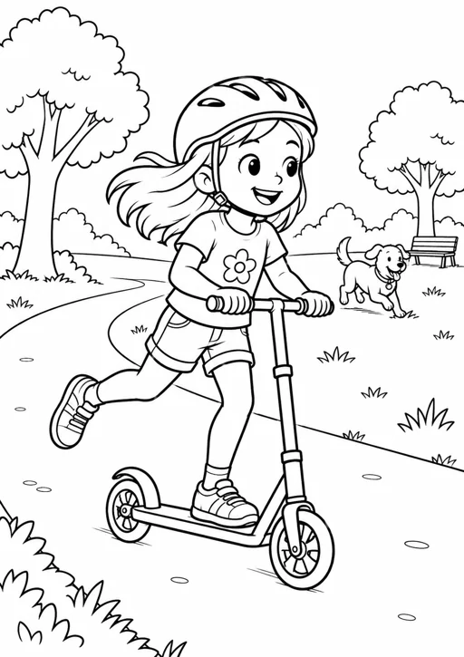 Fille en trottinette au parc : dessin noir et blanc à colorier