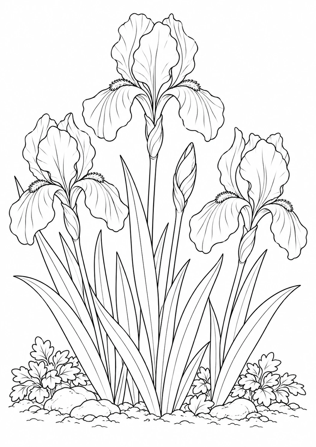 Fleurs d’iris au jardin : dessin noir et blanc à colorier