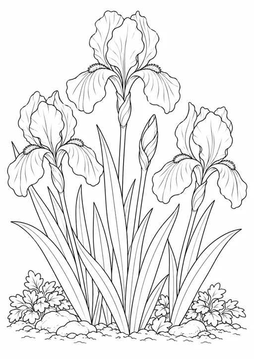 Fleurs d’iris au jardin : dessin noir et blanc à colorier