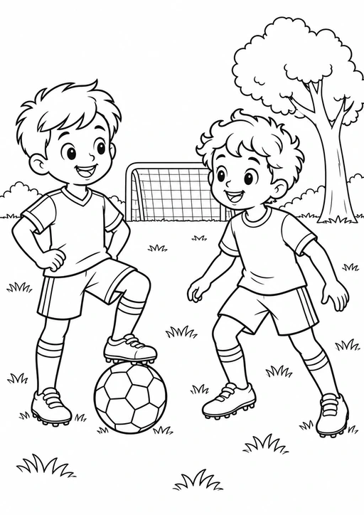 Deux enfants en tenue de football avec un ballon près d’un but dans un parc, coloriage à imprimer.