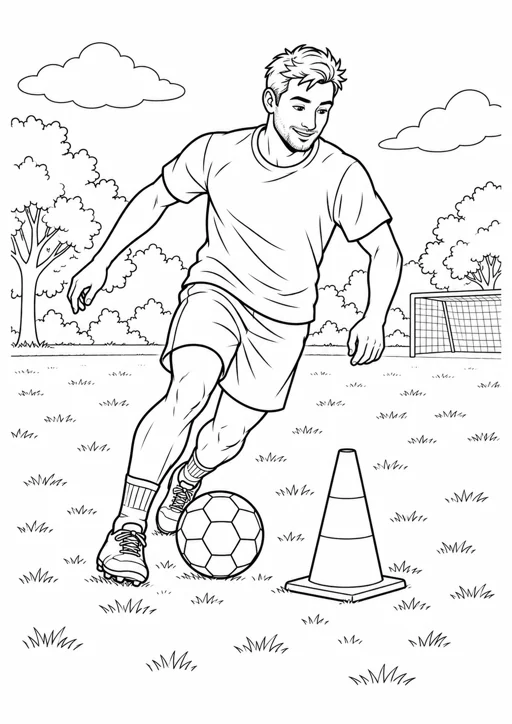 Football : le dribble : dessin en noir et blanc à colorier