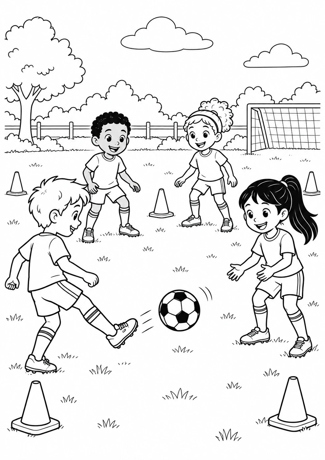 Football : entraînement : dessin en noir et blanc à colorier