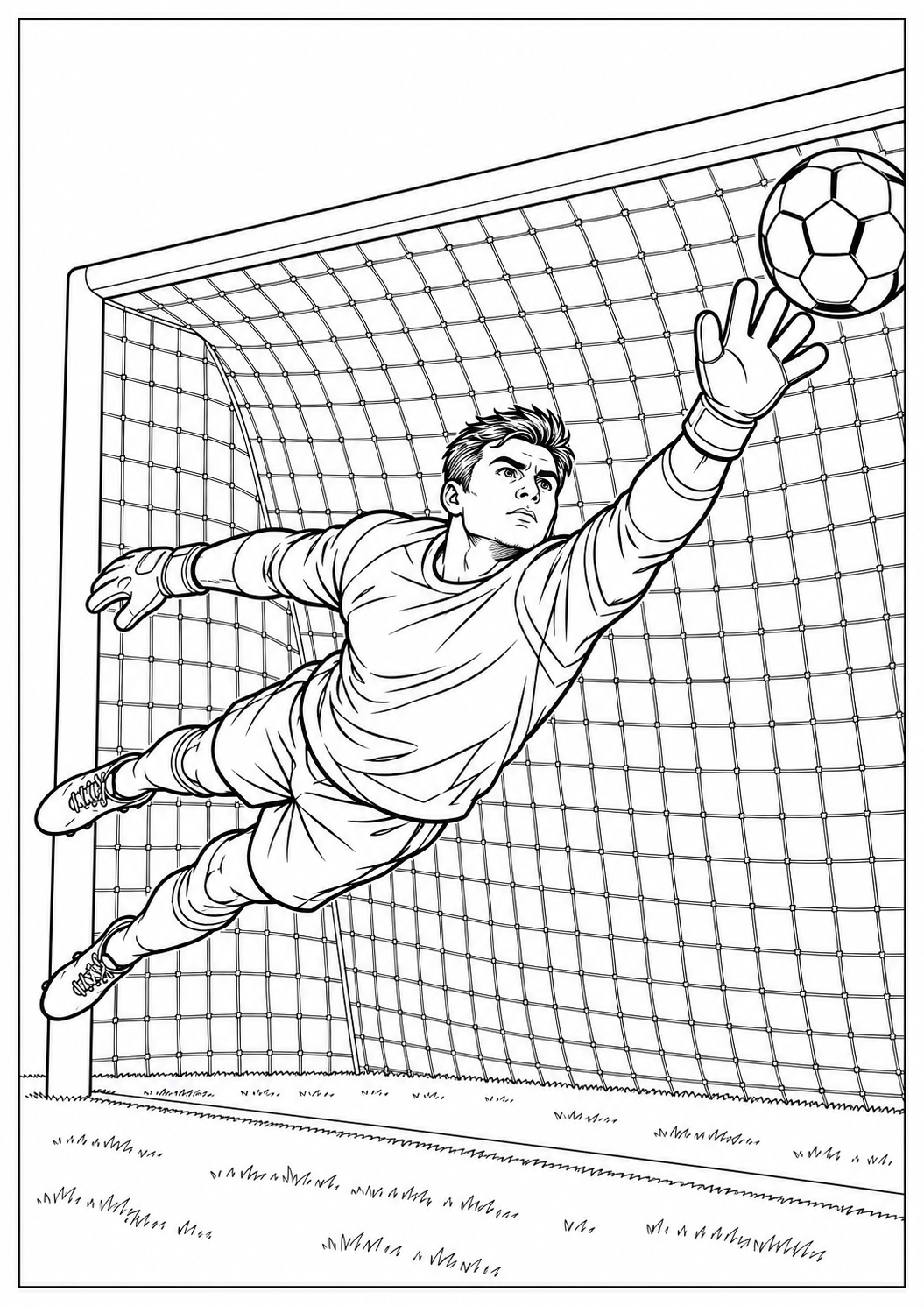 Gardien de football en plein arrêt : dessin noir et blanc à colorier