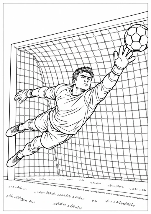 Gardien de football en plein arrêt : dessin noir et blanc à colorier