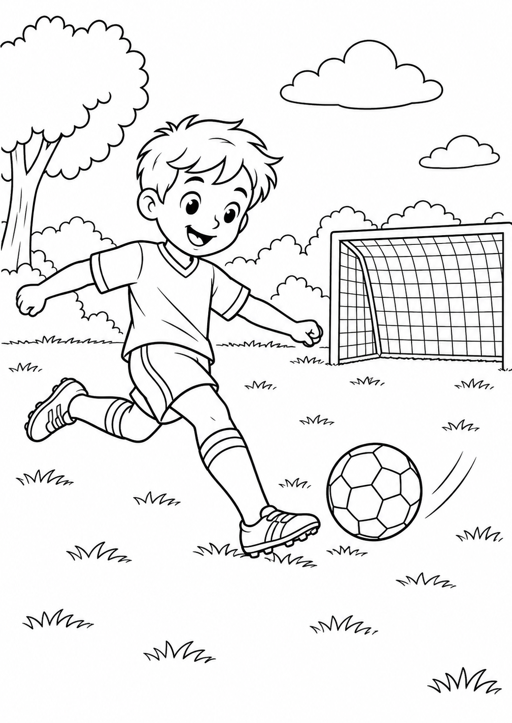 Enfant en tenue de football frappant un ballon vers un but dans un parc, dessin à colorier.
