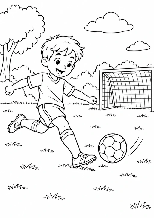 Enfant en tenue de football frappant un ballon vers un but dans un parc, dessin à colorier.