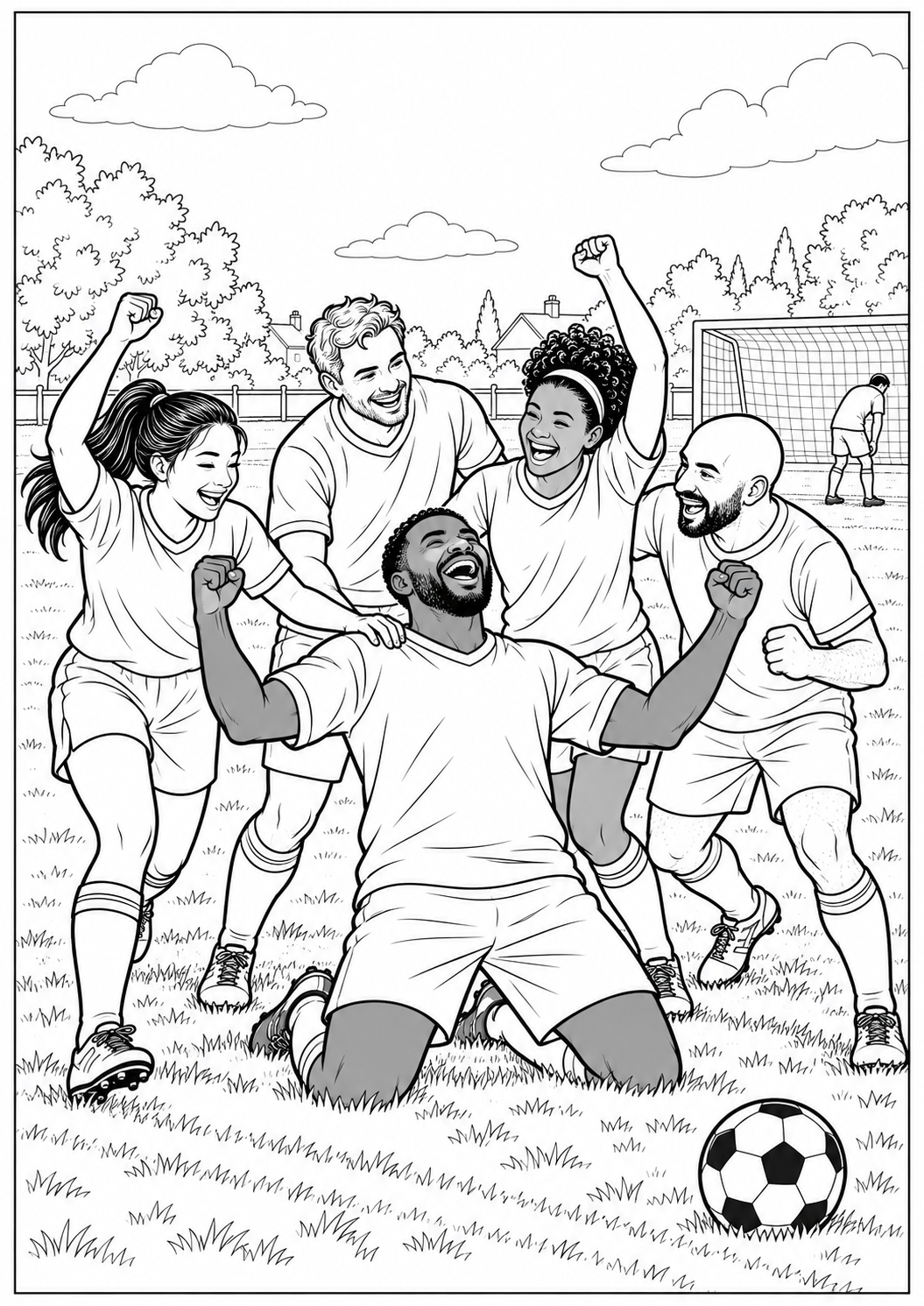 Équipe de football en fête : dessin noir et blanc à colorier