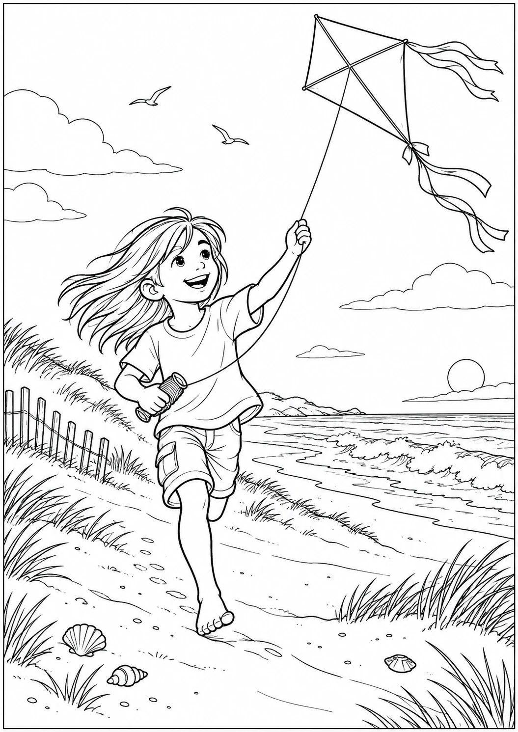 Garçon au cerf-volant sur la plage : dessin noir et blanc à colorier