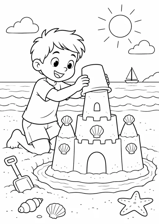 Garçon et château de sable : dessin noir et blanc à colorier