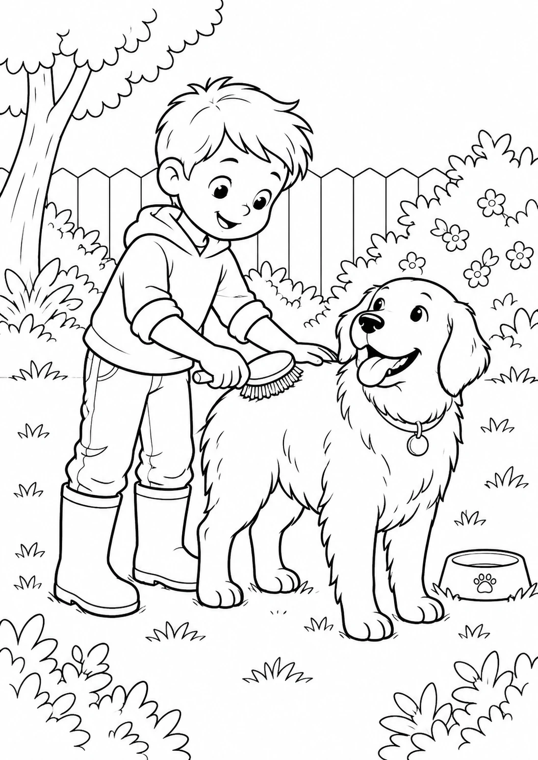 Garçon qui brosse son chien : dessin noir et blanc à colorier