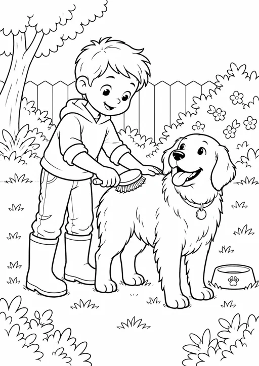 Garçon qui brosse son chien : dessin noir et blanc à colorier