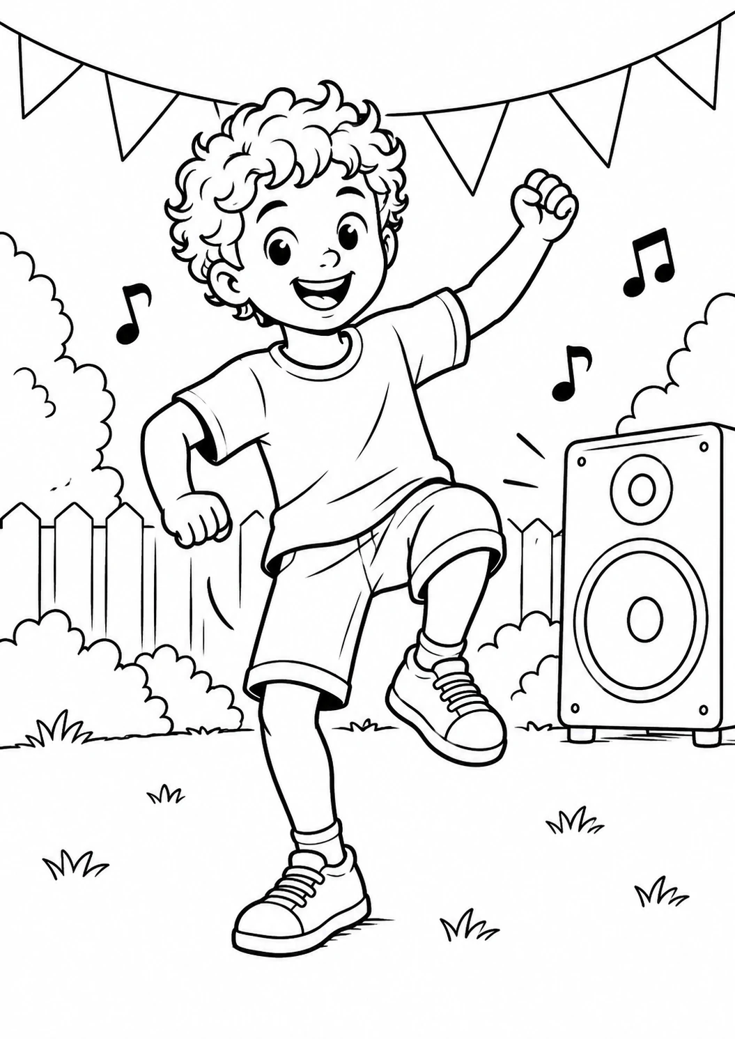 Garçon qui danse en plein air : dessin noir et blanc à colorier