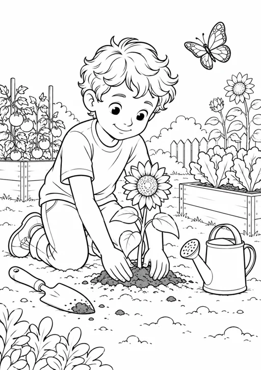 Garçon qui plante un tournesol : dessin noir et blanc à colorier