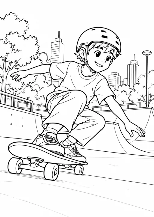 Garçon en skate sur la rampe : dessin noir et blanc à colorier