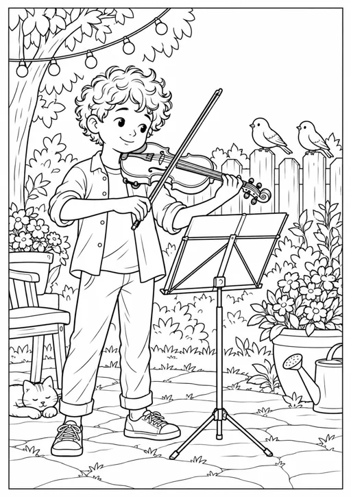 Garçon au violon dans le jardin : dessin noir et blanc à colorier