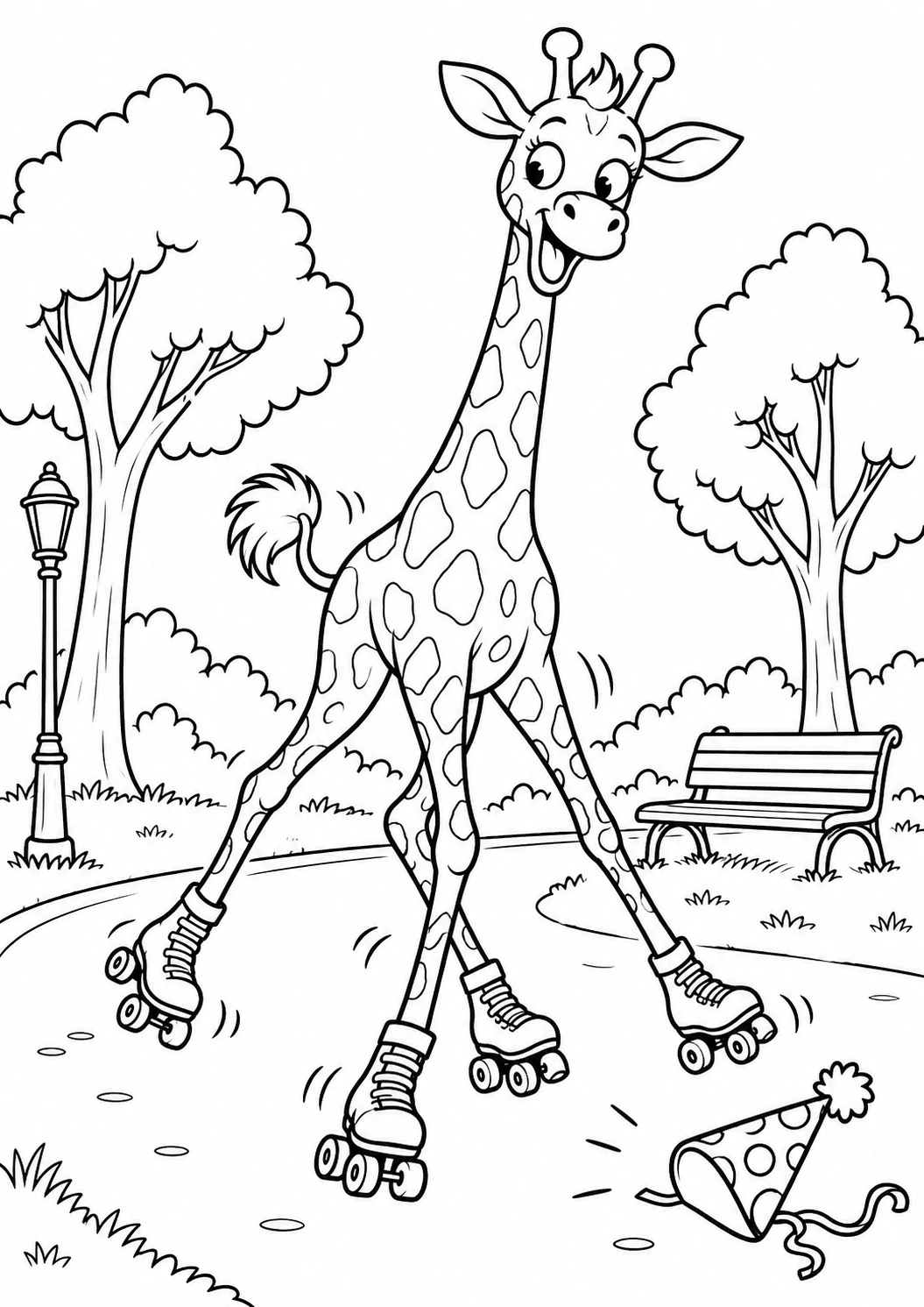 Girafe en patins à roulettes : dessin noir et blanc à colorier