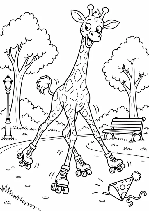 Girafe en patins à roulettes : dessin noir et blanc à colorier