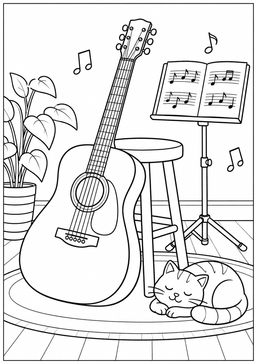 Guitare folk : dessin en noir et blanc à colorier