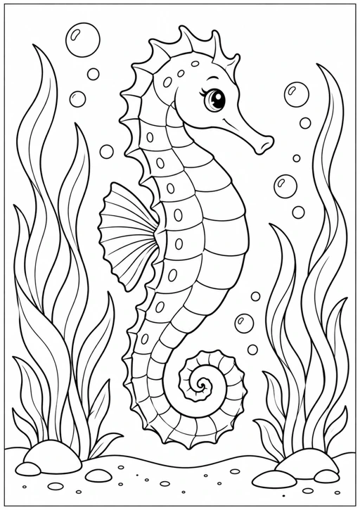 Hippocampe parmi les algues : dessin noir et blanc à colorier